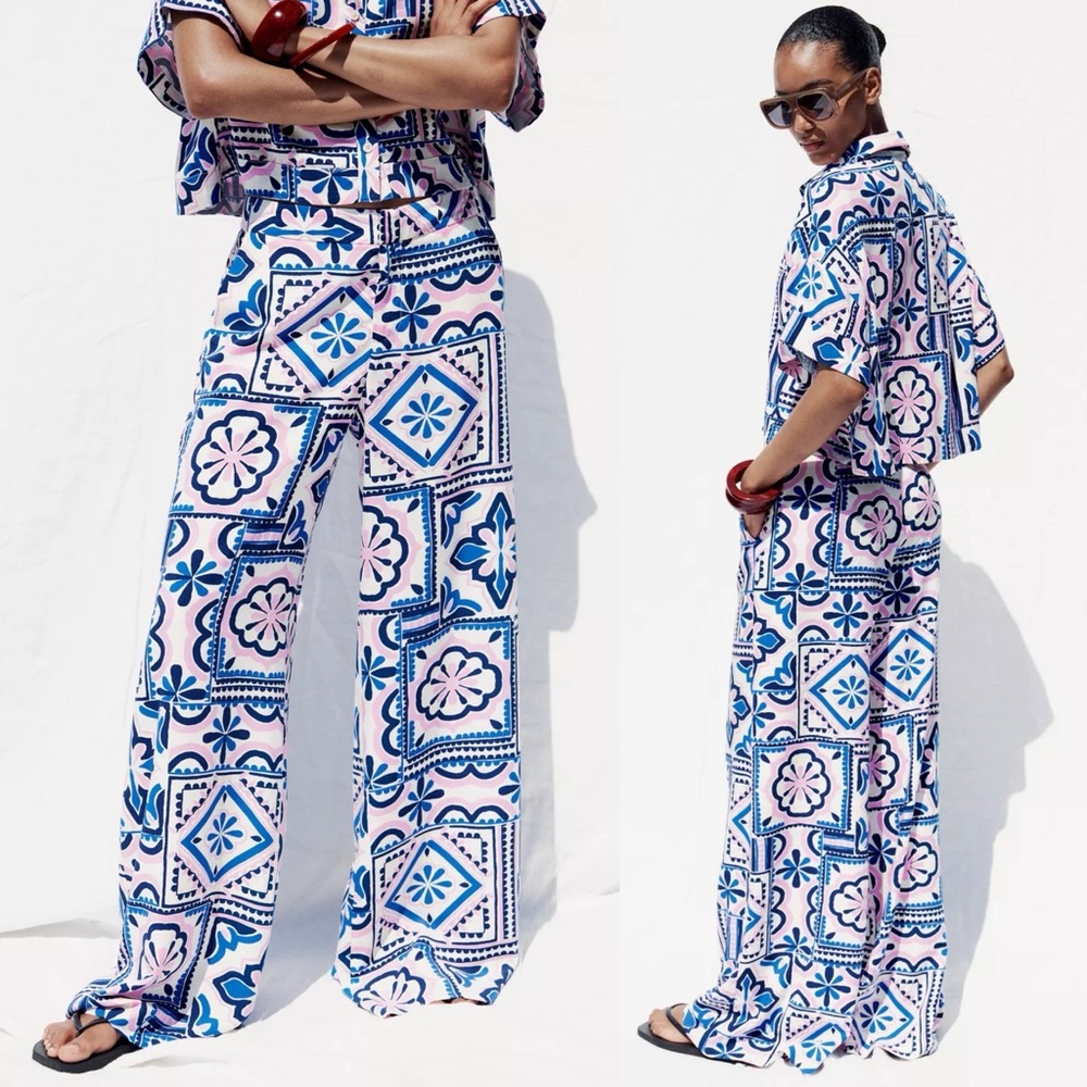 Zara PRINTED PALAZZO PANTS Blue & Pink Patterned Wide Leg Size M NEW